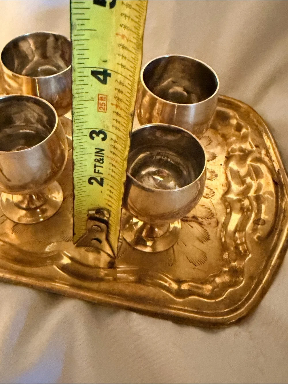 Vintage Brass Mini Goblet Set of 4 with Engraved Serving Tray Barware Decor
